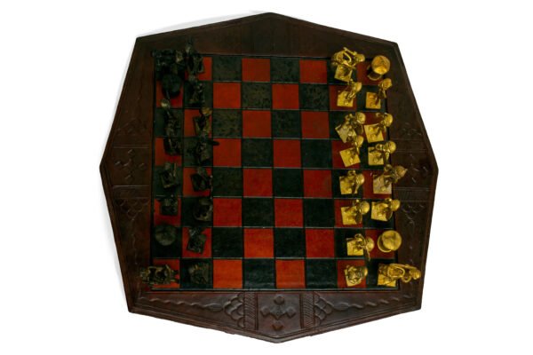 34b Leather Chess Board with Brass Marble Pieces